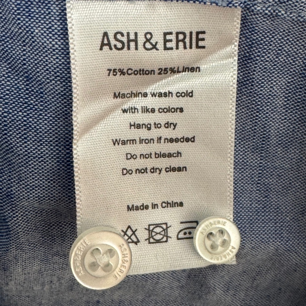 Ash & Erie Button Down Shirt Men XXL Blue Cotton Linen Short Sleeve Standard - Picture 5 of 6